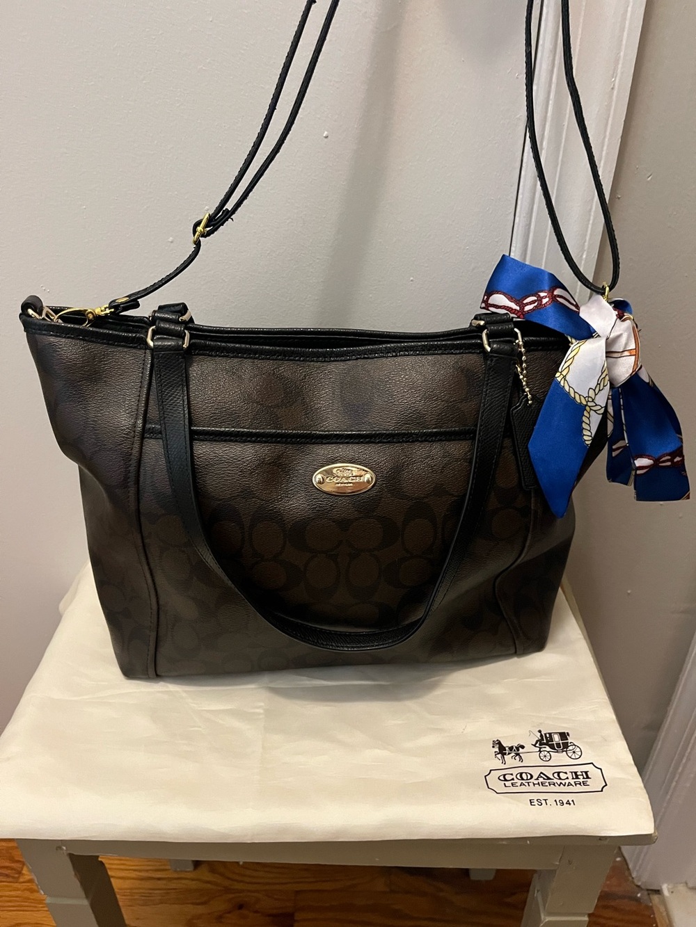 Coach Signature Brown Tote with Blue Scarf Accent comes with dust bag